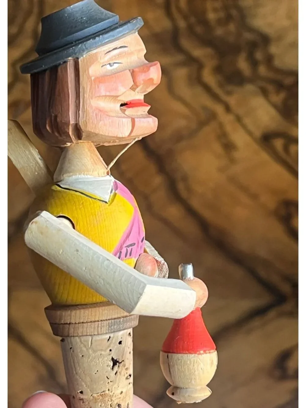 Hand-Carved Wooden Bottle Stopper w/ Articulated Man with Wine Flask German